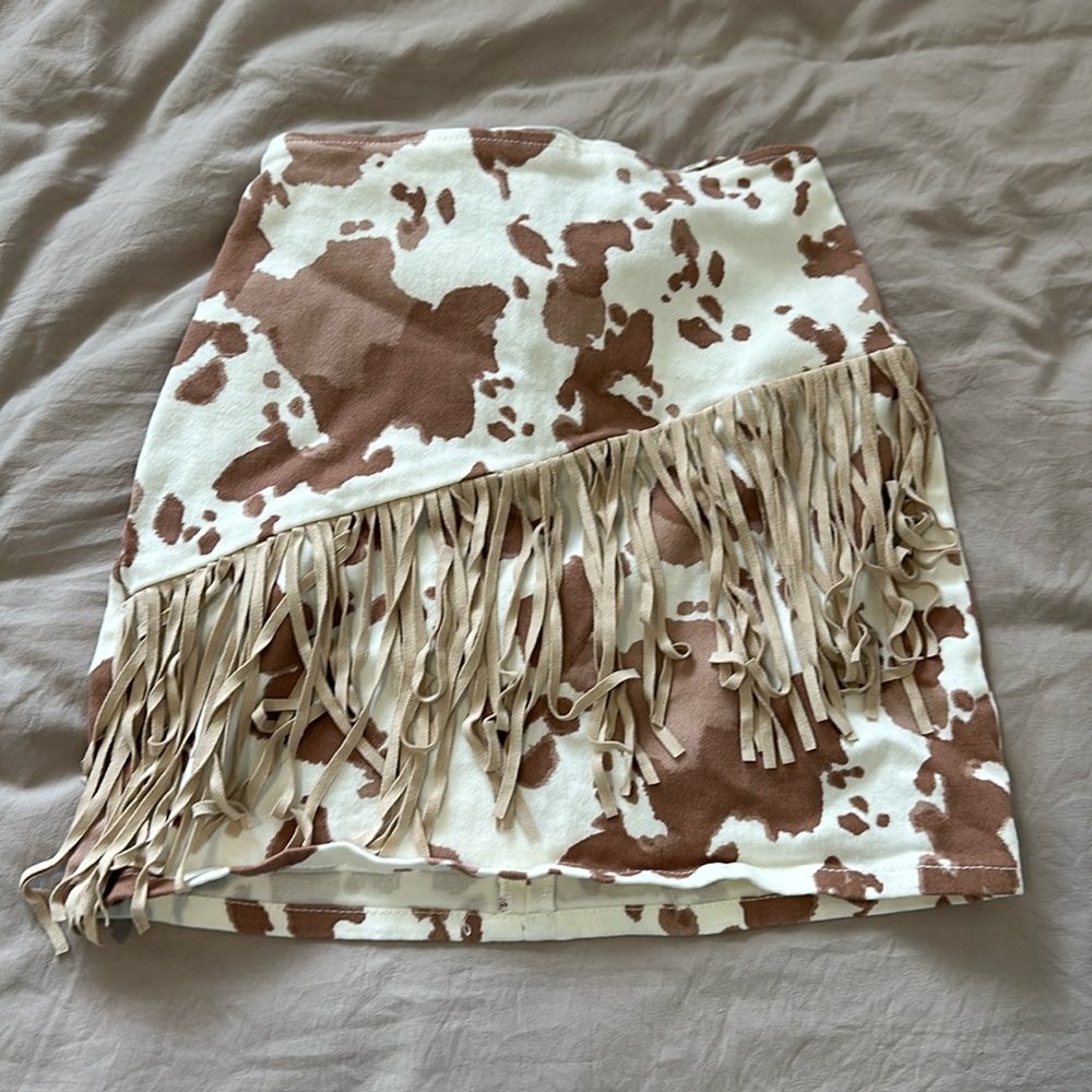 ALTARD STATE Cowprint Fringe Skirt Size XS